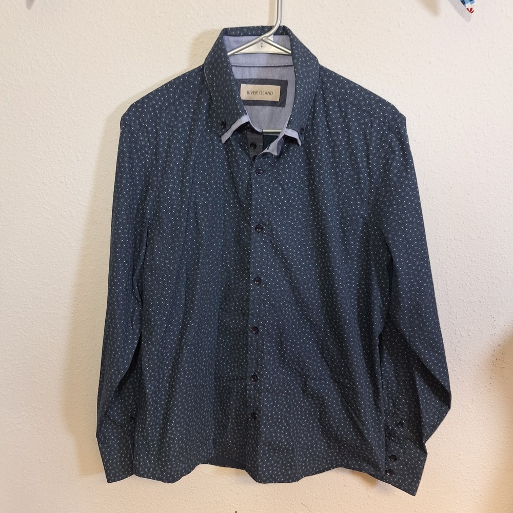River Island Navy Blue Paisley Pattern Mens Shirt Size L Button Down Long Sleeve